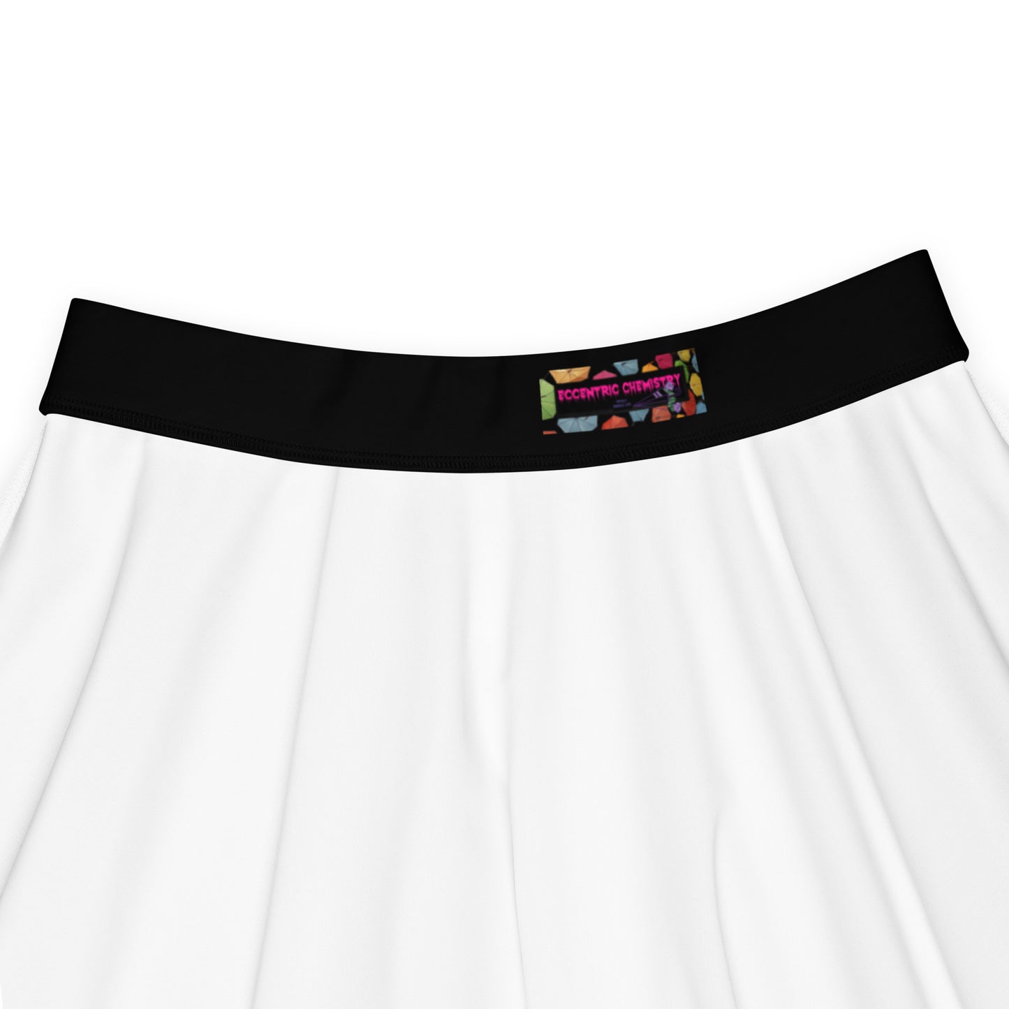 Unisex skater skirt with all-over chromatic rainfall experiment print, white background, from Eccentric Chemistry's Tiny Shop of T-Shirt Horrors.