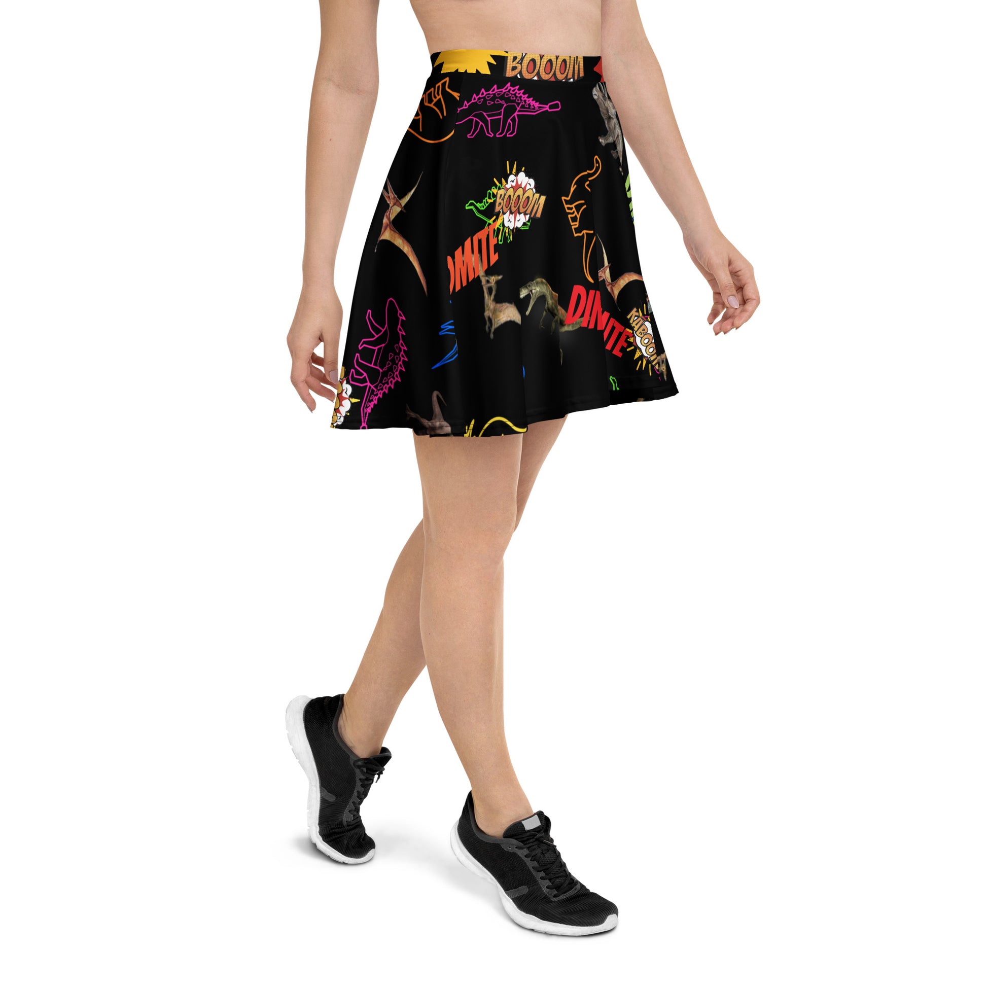 Eccentric Chemistry's Tiny Shop of T-Shirt Horrors skater skirt with all-over white print featuring chaos and experiment-themed designs.