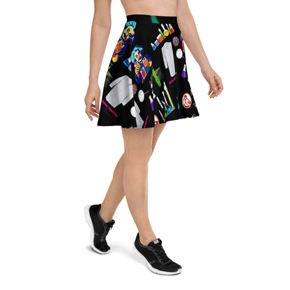 All-over white skater skirt with midnight molecule spin experiment print, showcasing a vibrant, science-inspired design.