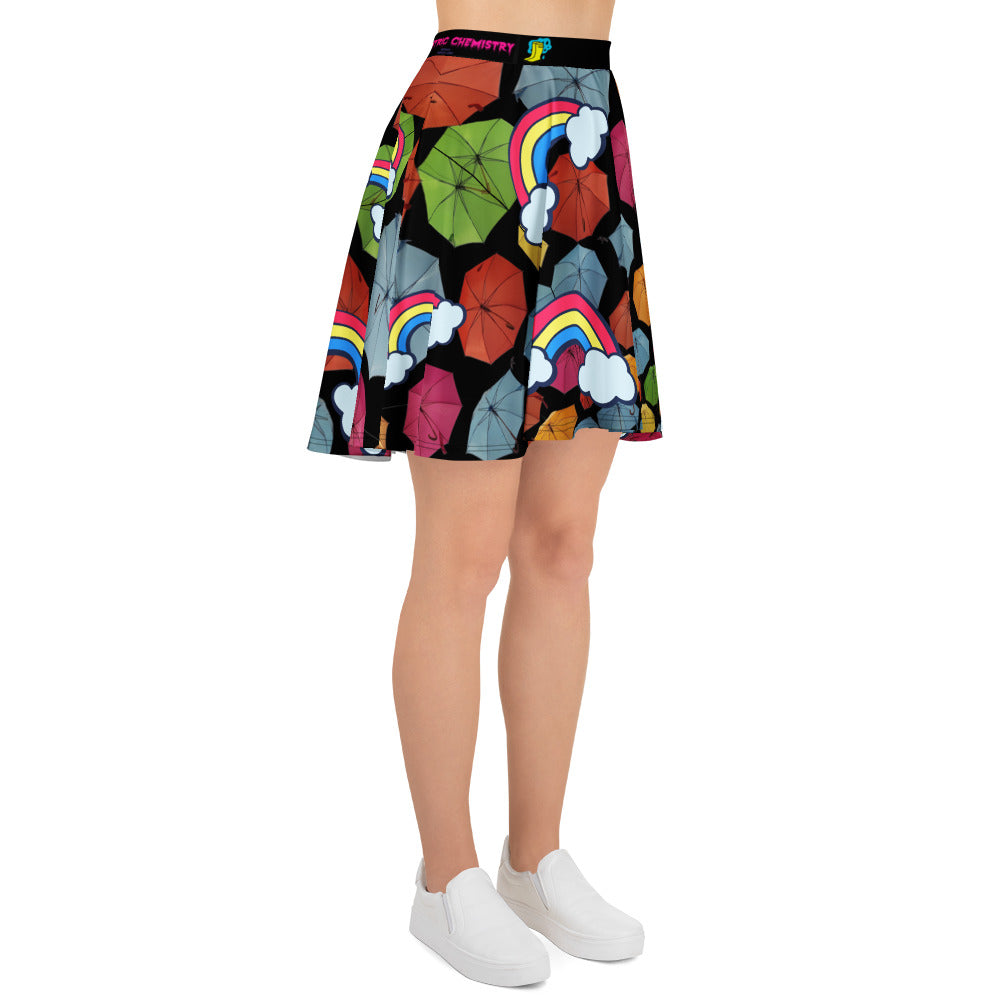 Unisex skater skirt with chromatic rainfall experiment print, white background, vibrant abstract design, by Eccentric Chemistry.