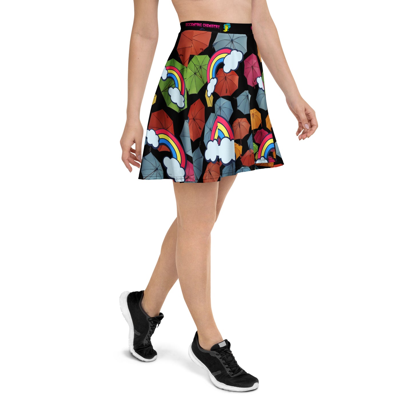 Unisex skater skirt with chromatic rainfall experiment print in vibrant colors on white fabric by Eccentric Chemistry.