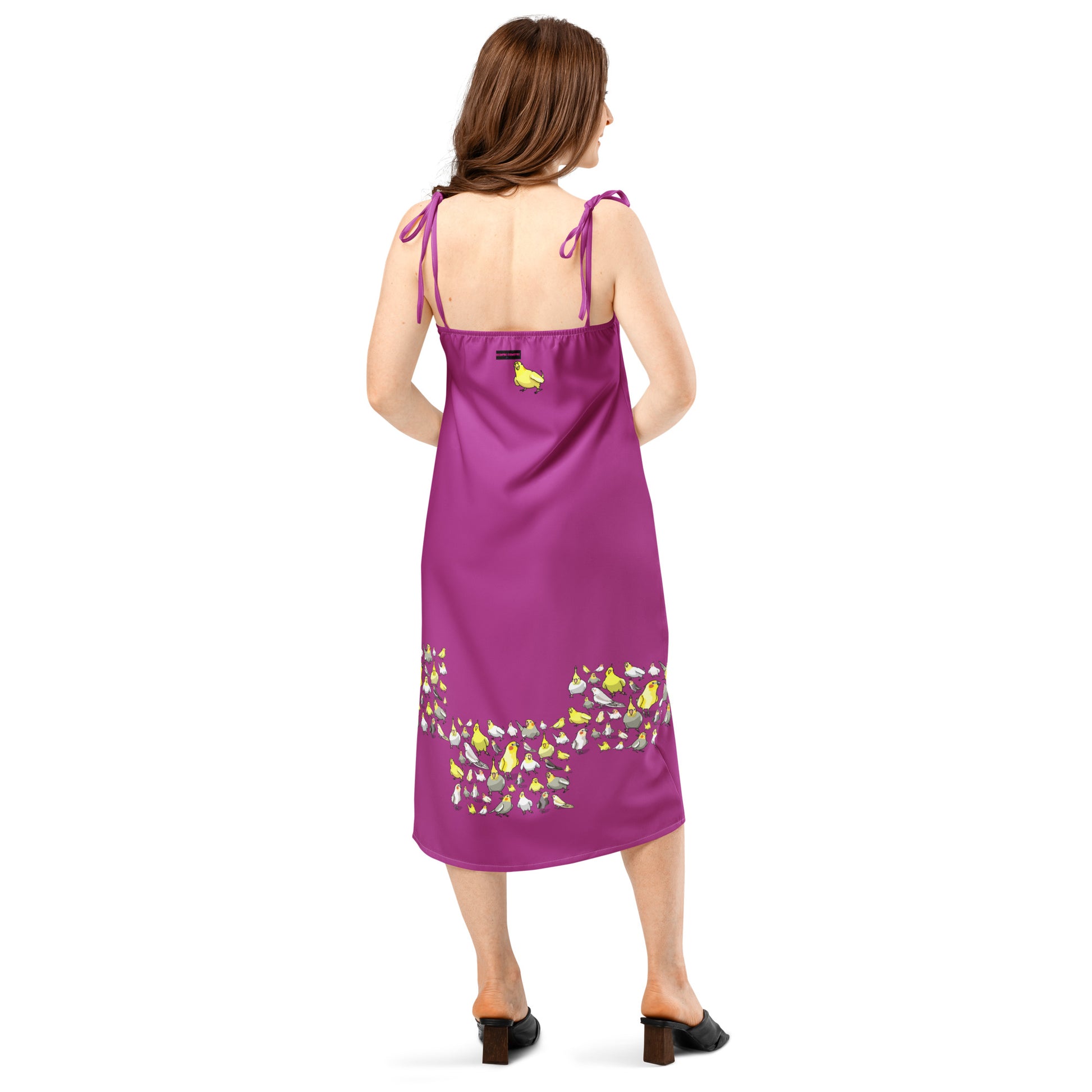 Eccentric Chemistry white tie-strap midi slip dress with bright bird and crest all-over print, stylish and modern.