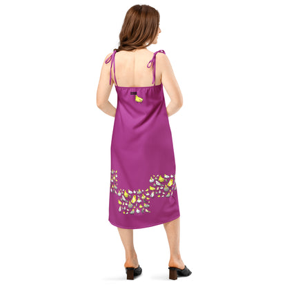 Eccentric Chemistry white tie-strap midi slip dress with bright bird and crest all-over print, stylish and modern.