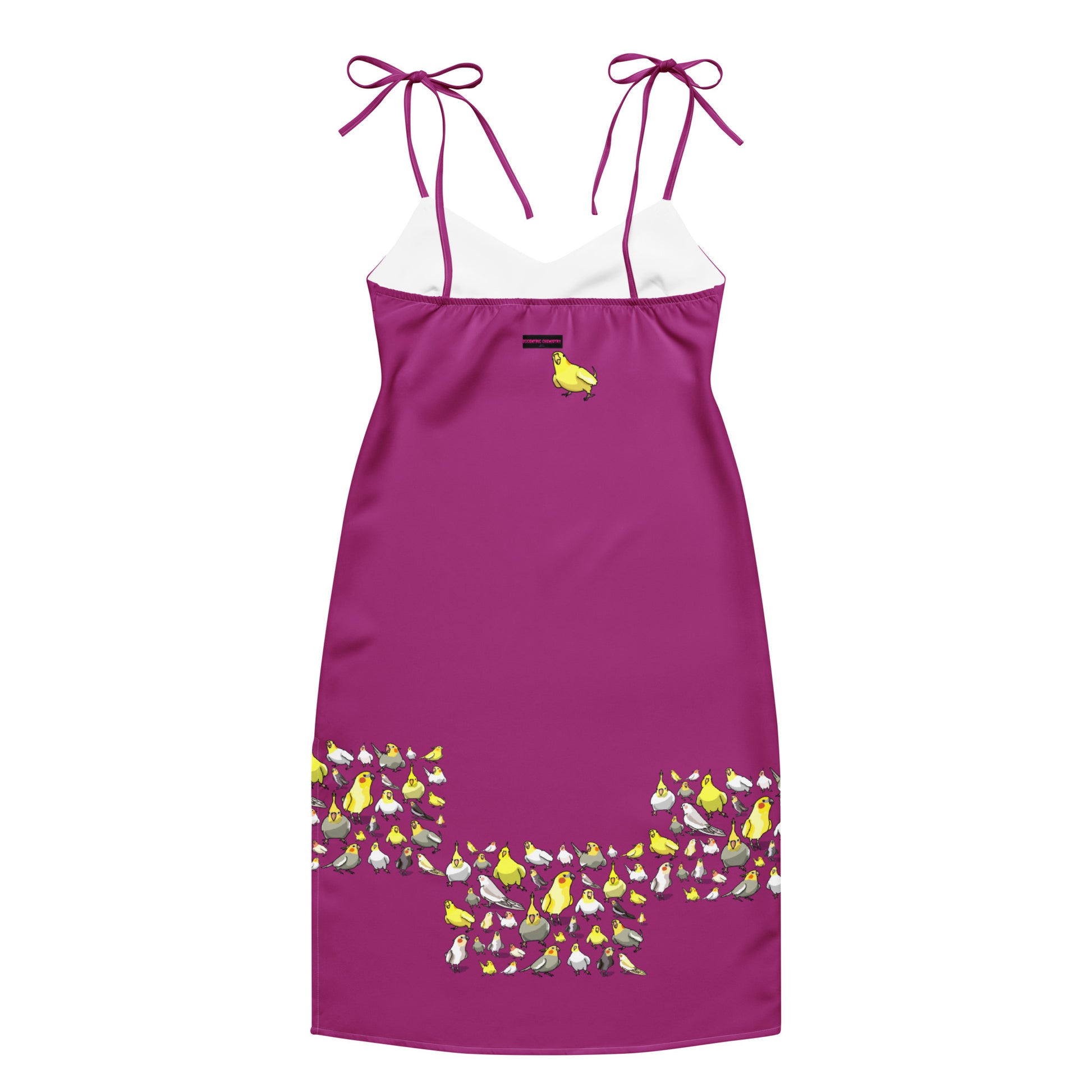 White tie-strap midi dress by Eccentric Chemistry with all-over bright avian print, elegant slip design, perfect for stylish occasions.