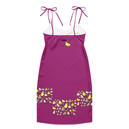 White tie-strap midi dress by Eccentric Chemistry with all-over bright avian print, elegant slip design, perfect for stylish occasions.