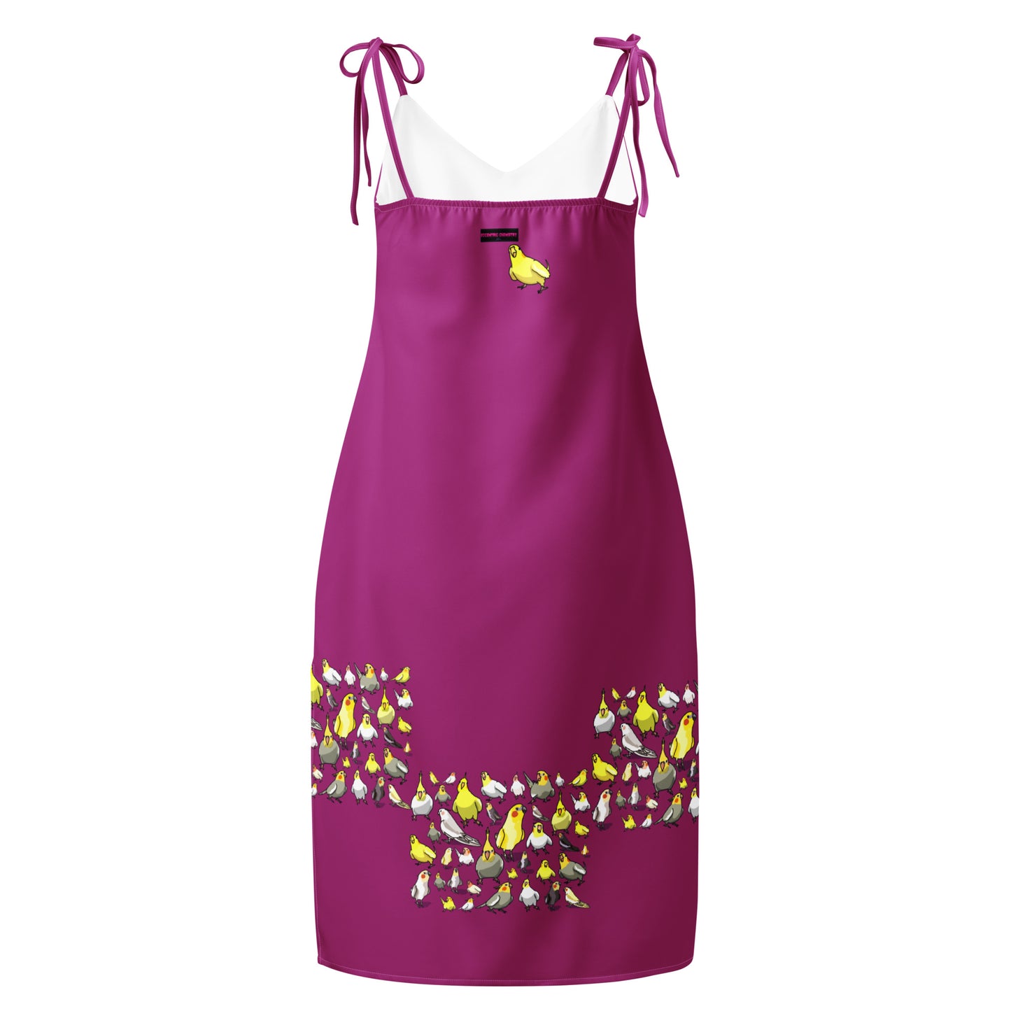 White tie-strap midi dress by Eccentric Chemistry with all-over bird print and elegant slip design.