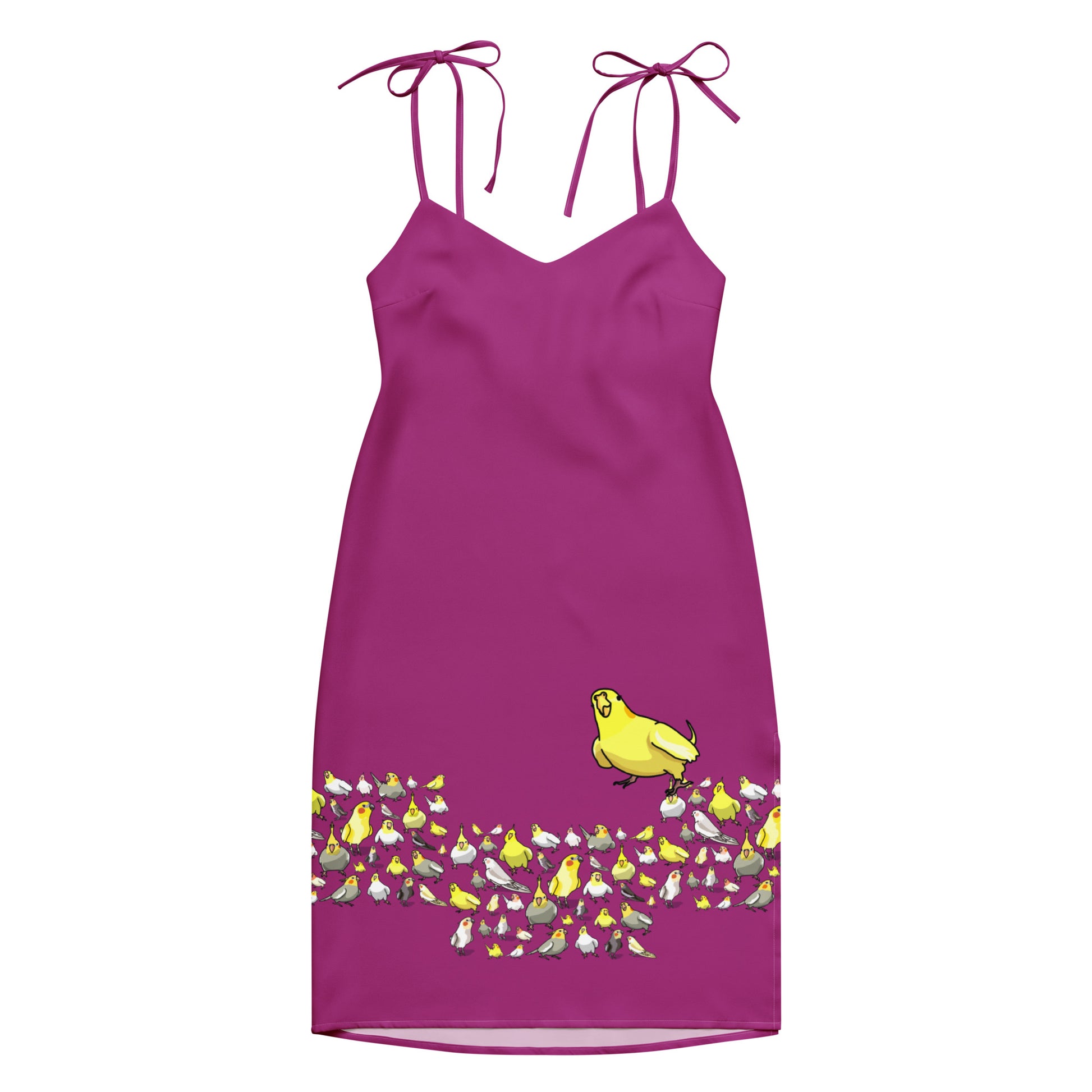 Eccentric Chemistry's white tie-strap midi dress with bright avian harmony print, all-over slip dress style, front view.