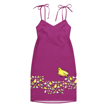 Eccentric Chemistry's white tie-strap midi dress with bright avian harmony print, all-over slip dress style, front view.