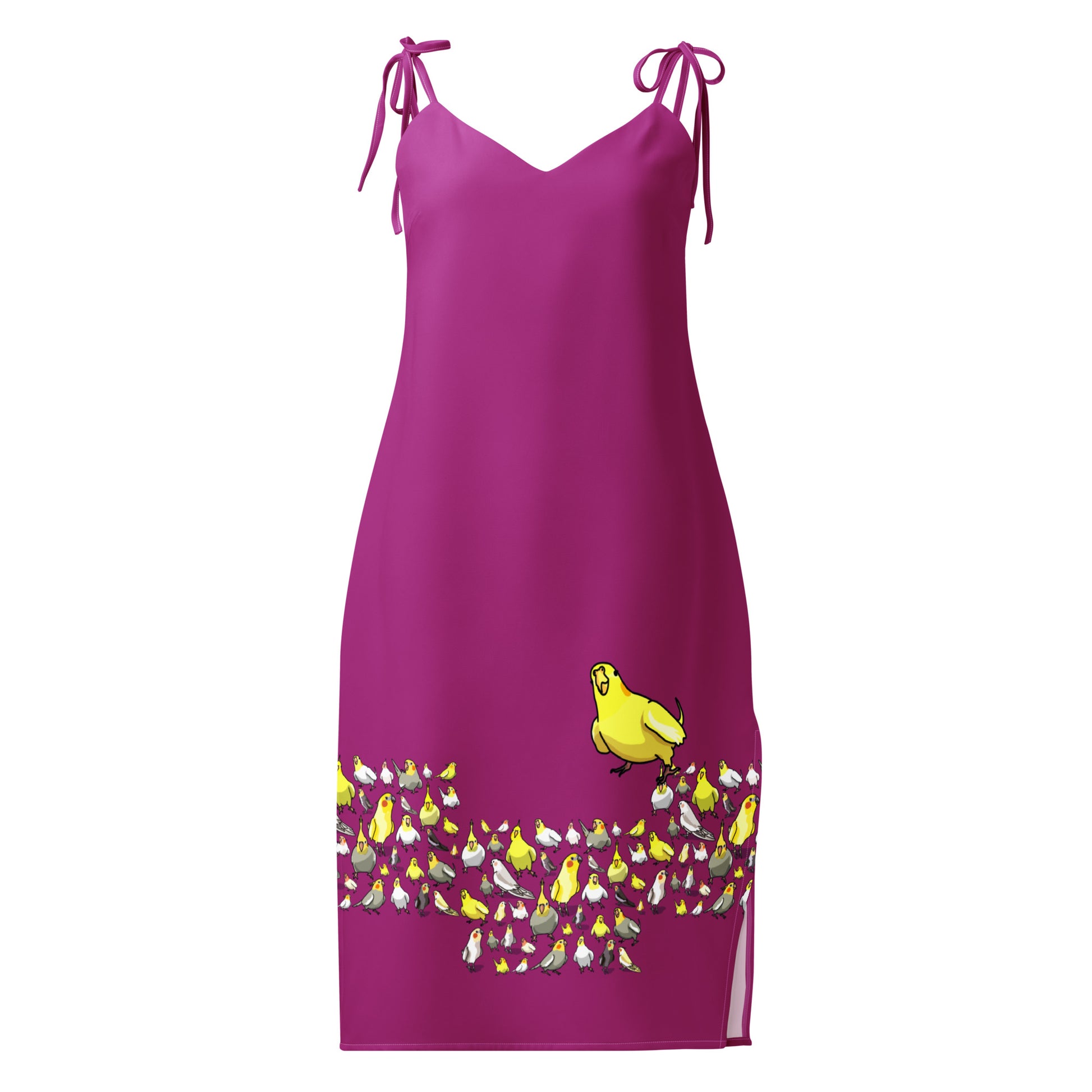 Eccentric Chemistry's white tie-strap midi dress with colorful bird and crest print, casual slip style, front view.
