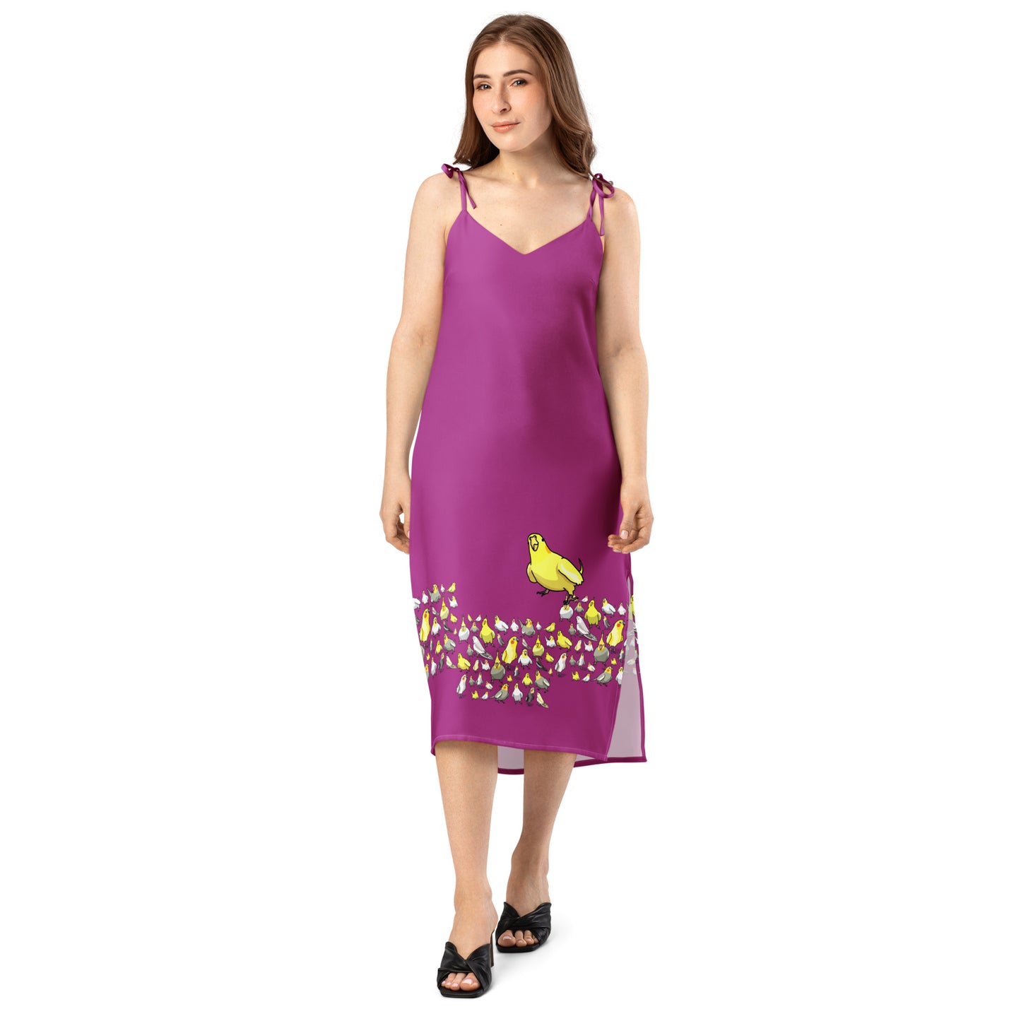 White tie-strap midi dress with all-over bright avian print from Eccentric Chemistry's Laboratory of Strange & Stylish Things.