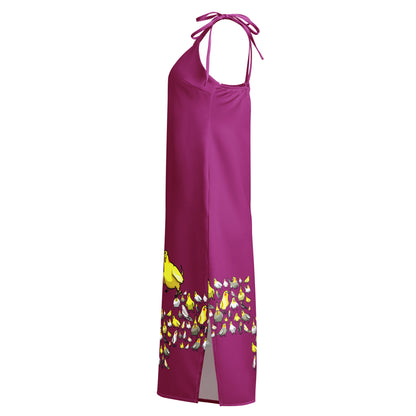 Eccentric Chemistry's Crest-Bright Avian Harmony tie-strap midi slip dress with all-over vibrant bird and abstract print on white fabric.