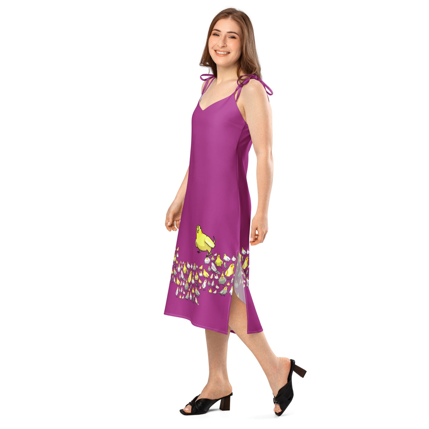Eccentric Chemistry's white tie-strap midi dress with bright avian print, all-over-slip style, front view.