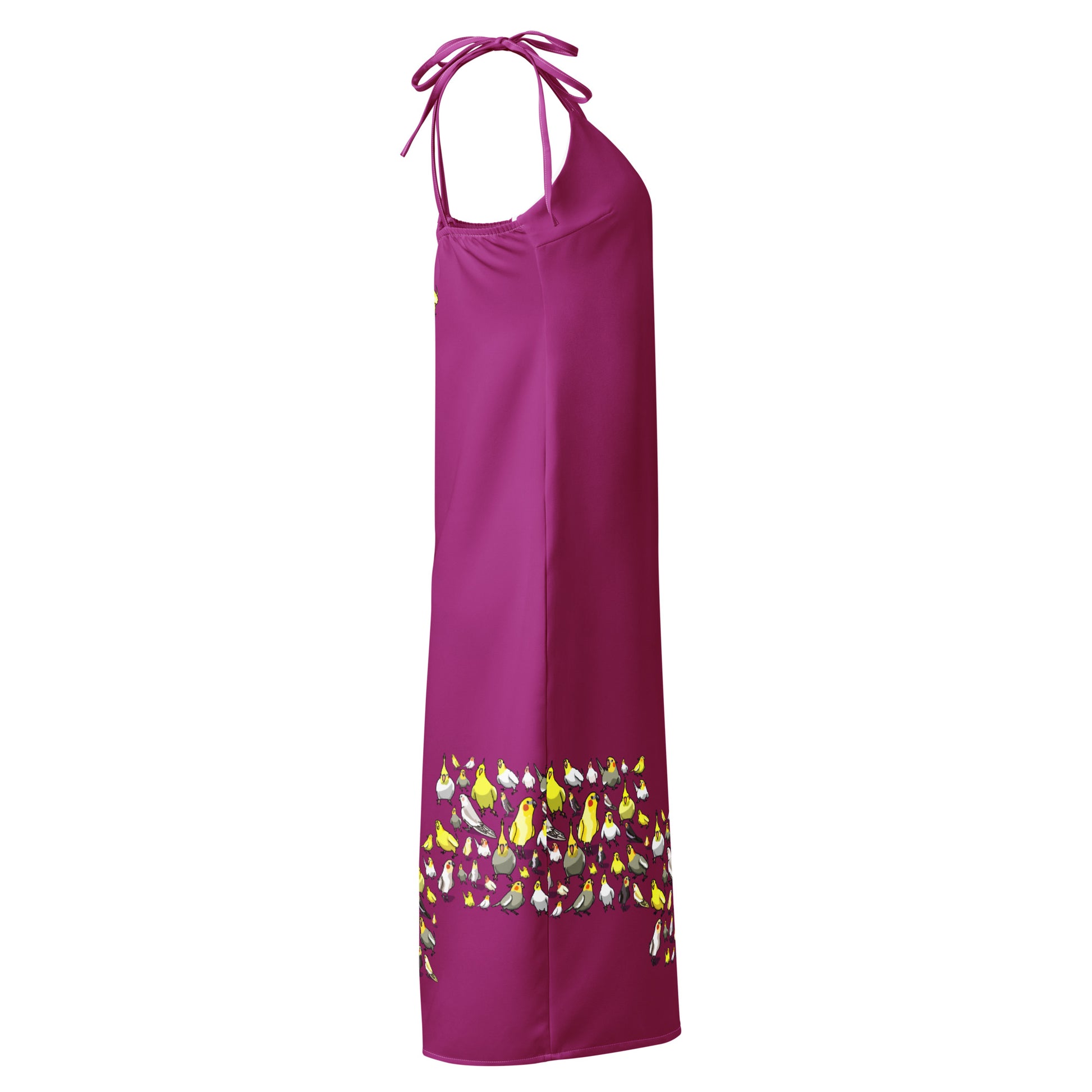 Eccentric Chemistry’s white tie-strap midi dress with bright bird print and all-over floral pattern, stylish slip dress for women.