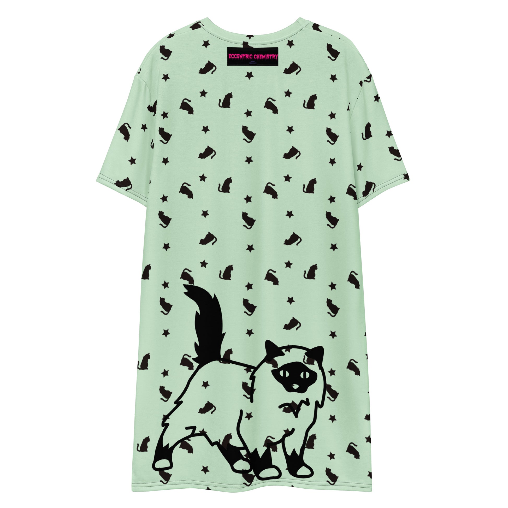 White all-over-print T-shirt dress featuring a quirky experimental cat design by Eccentric Chemistry's Tiny Shop of T-Shirt Horrors.