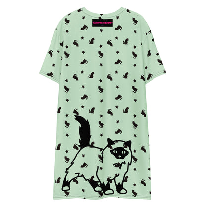 White all-over-print T-shirt dress featuring a quirky experimental cat design by Eccentric Chemistry's Tiny Shop of T-Shirt Horrors.