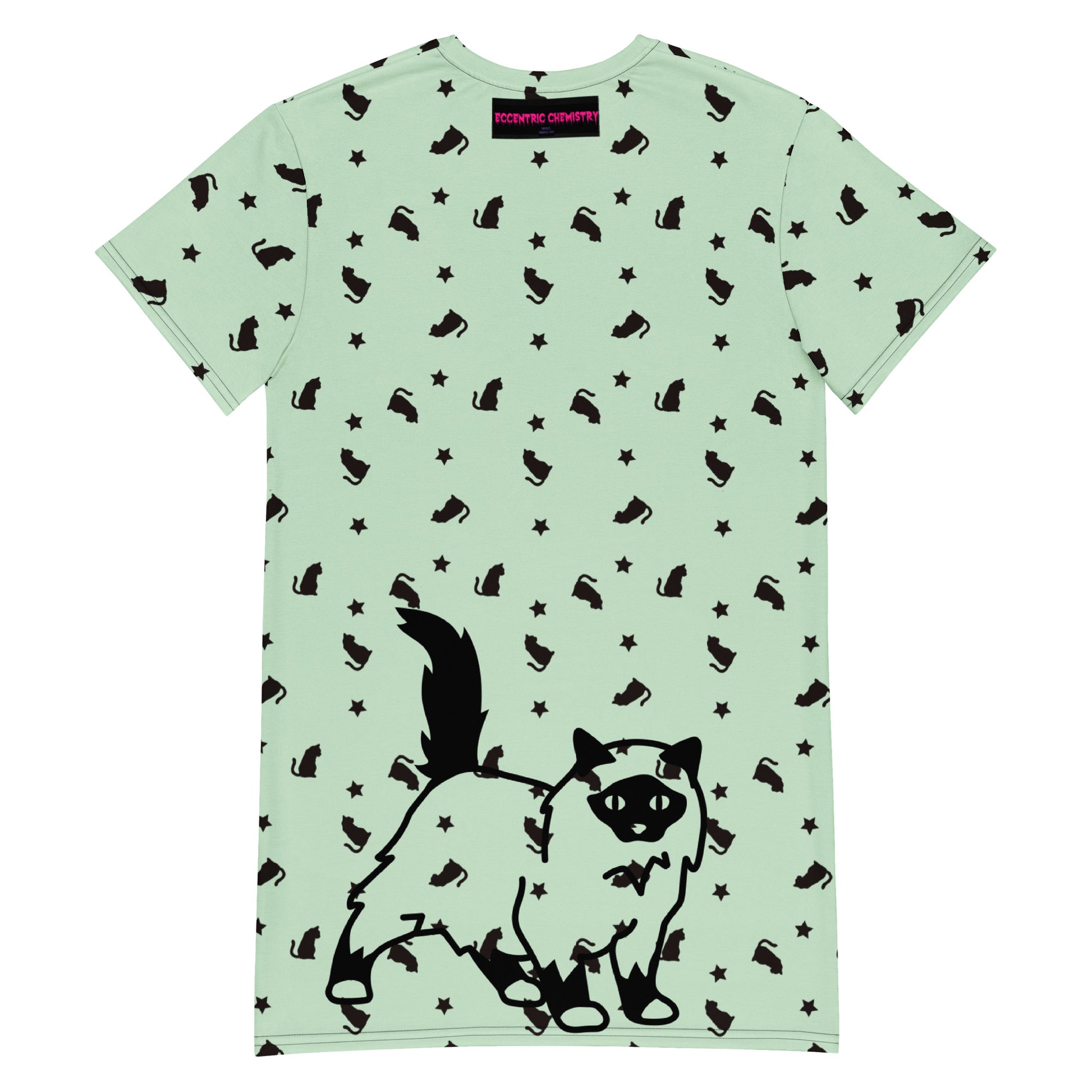 White all-over-print T-shirt dress featuring a quirky cat design from Eccentric Chemistry's Meowchanics collection.