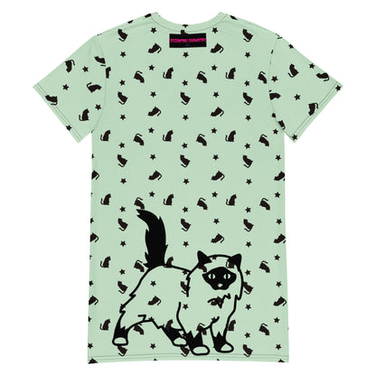 White all-over-print T-shirt dress featuring a quirky cat design from Eccentric Chemistry's Meowchanics collection.