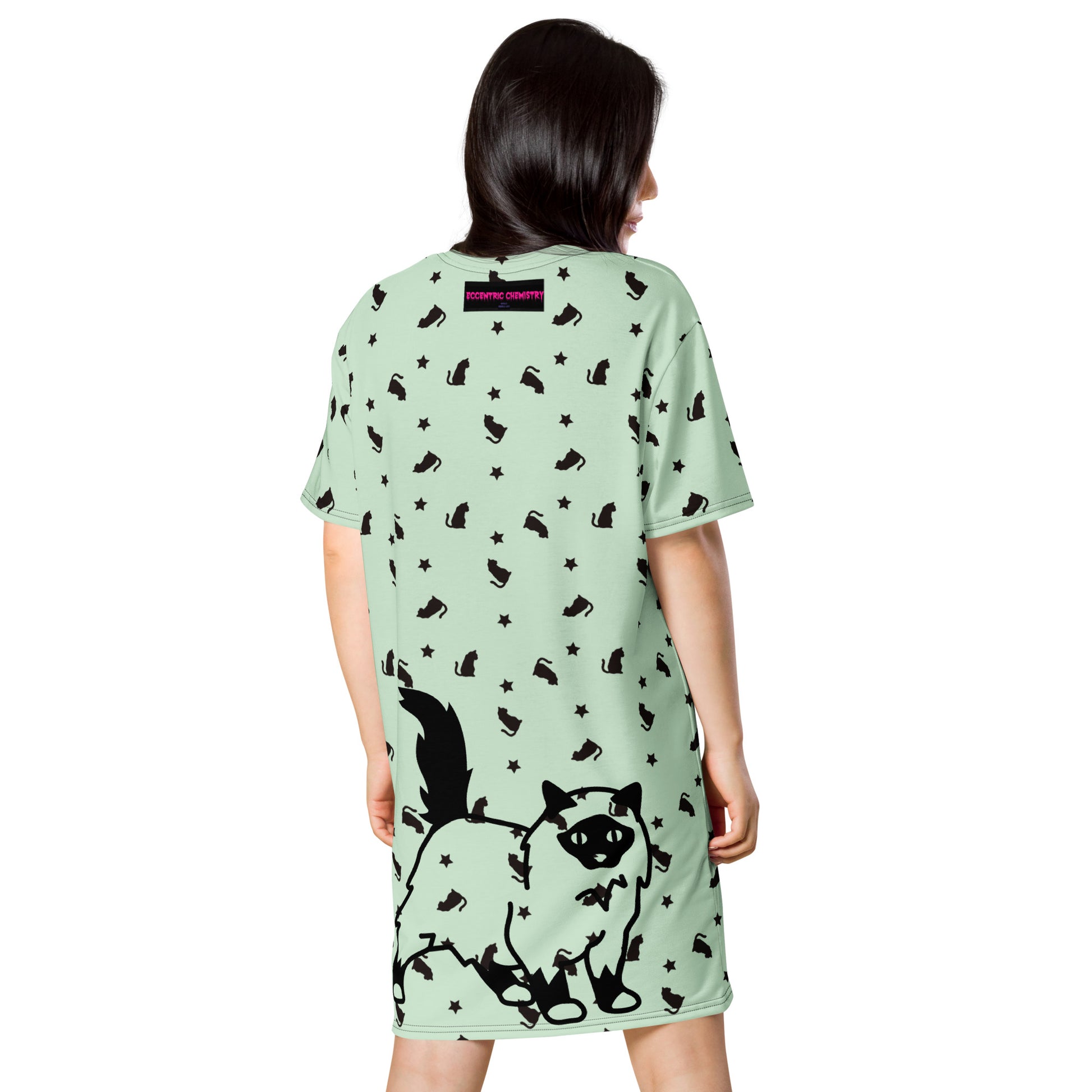 White all-over print T-shirt dress featuring a quirky cat design from Eccentric Chemistry's Meowchanics collection.