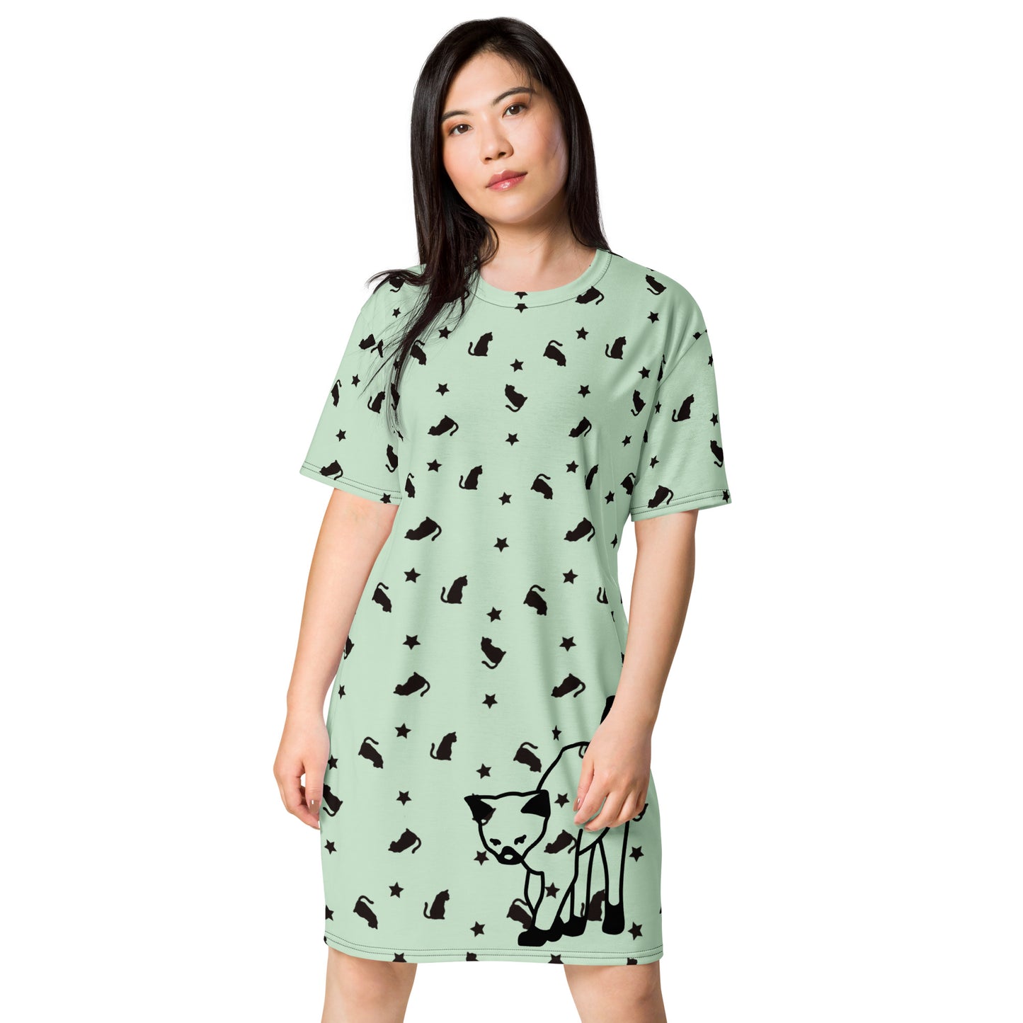 White T-shirt dress featuring a colorful, experimental cat design from Eccentric Chemistry's Meowchanics collection.