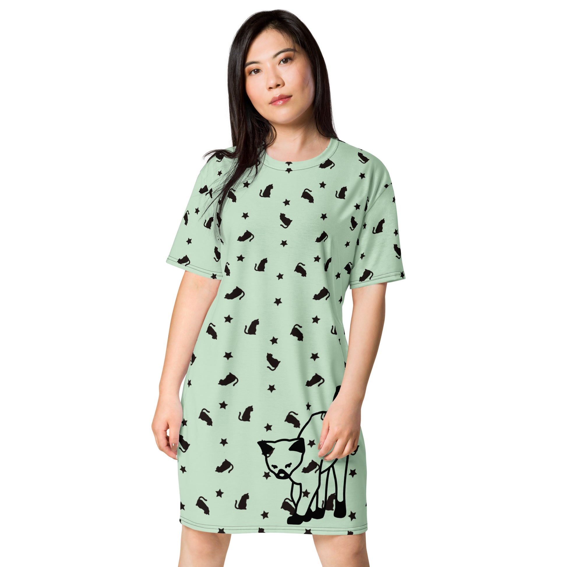 White T-shirt dress featuring a colorful, experimental cat design from Eccentric Chemistry's Meowchanics collection.