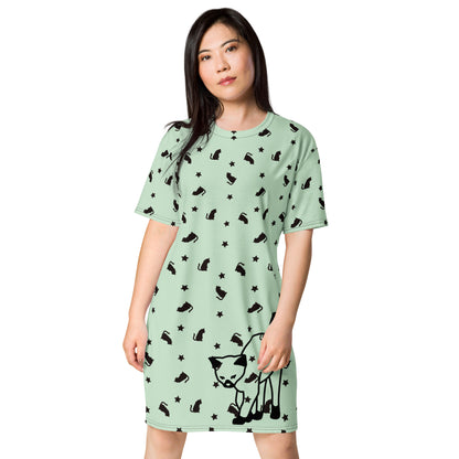 White T-shirt dress featuring a colorful, experimental cat design from Eccentric Chemistry's Meowchanics collection.