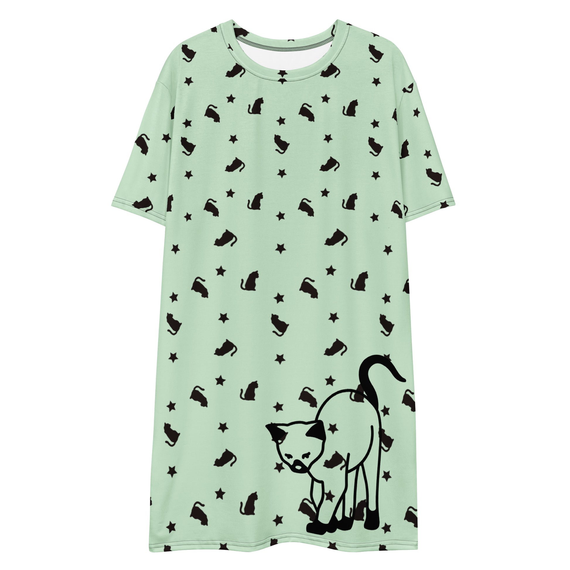 White all-over-print T-shirt dress featuring a quirky cat design from Eccentric Chemistry's Meowchanics collection.