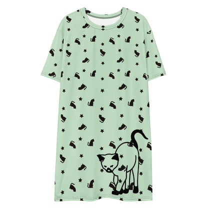 White all-over-print T-shirt dress featuring a quirky cat design from Eccentric Chemistry's Meowchanics collection.
