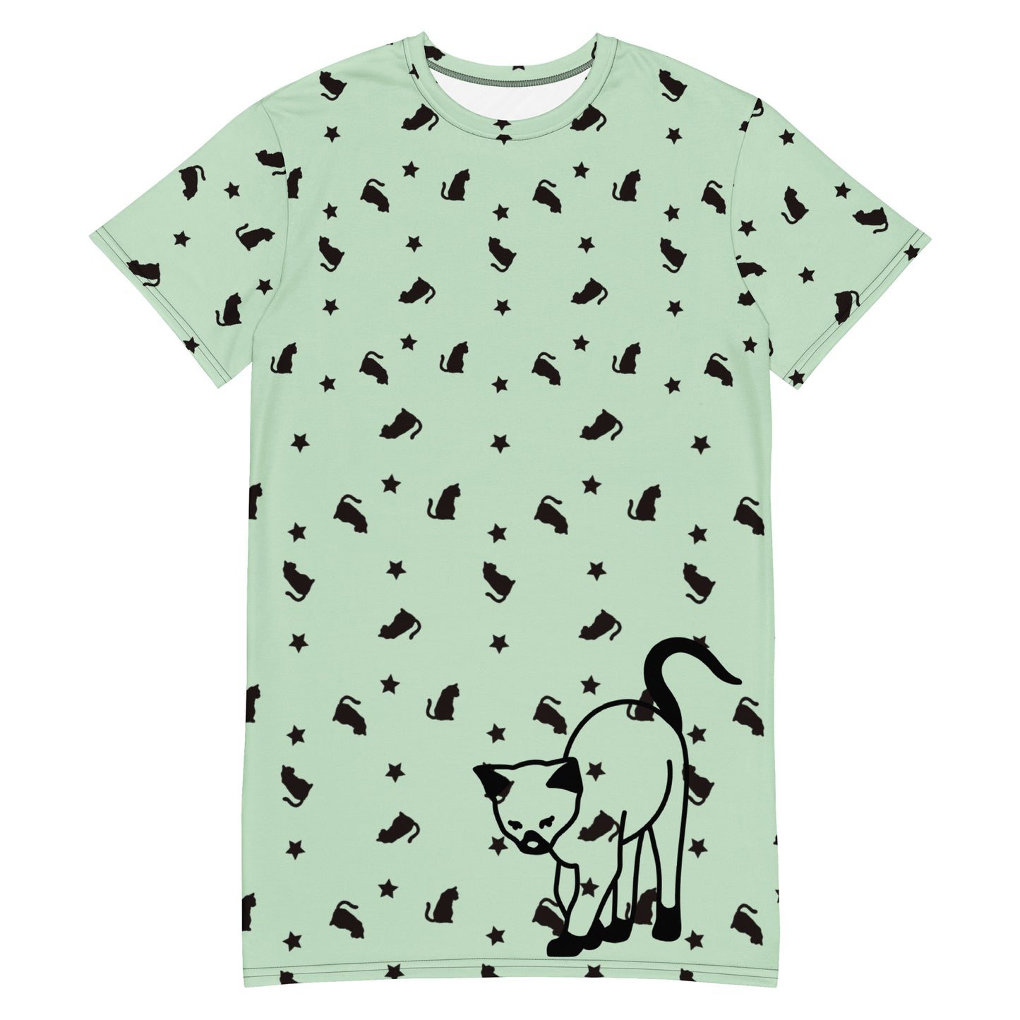 White all-over-print T-shirt dress featuring a quirky cat design from Eccentric Chemistry's Meowchanics collection.