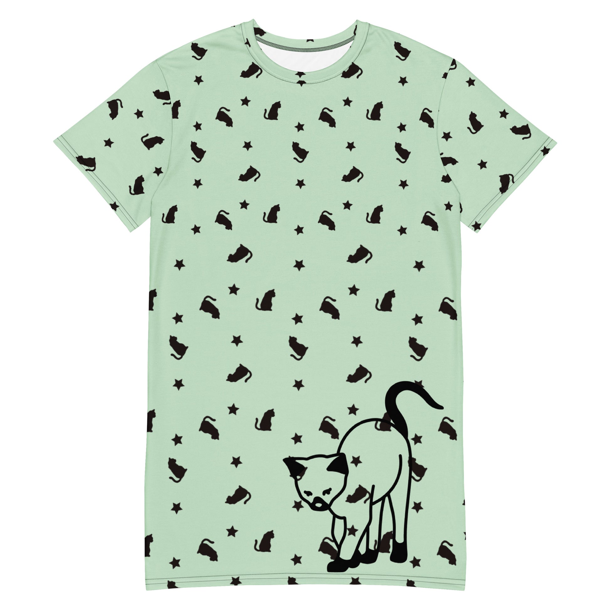 White all-over-print T-shirt dress featuring a quirky cat design from Eccentric Chemistry's Meowchanics collection.