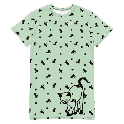 White all-over-print T-shirt dress featuring a quirky cat design from Eccentric Chemistry's Meowchanics collection.