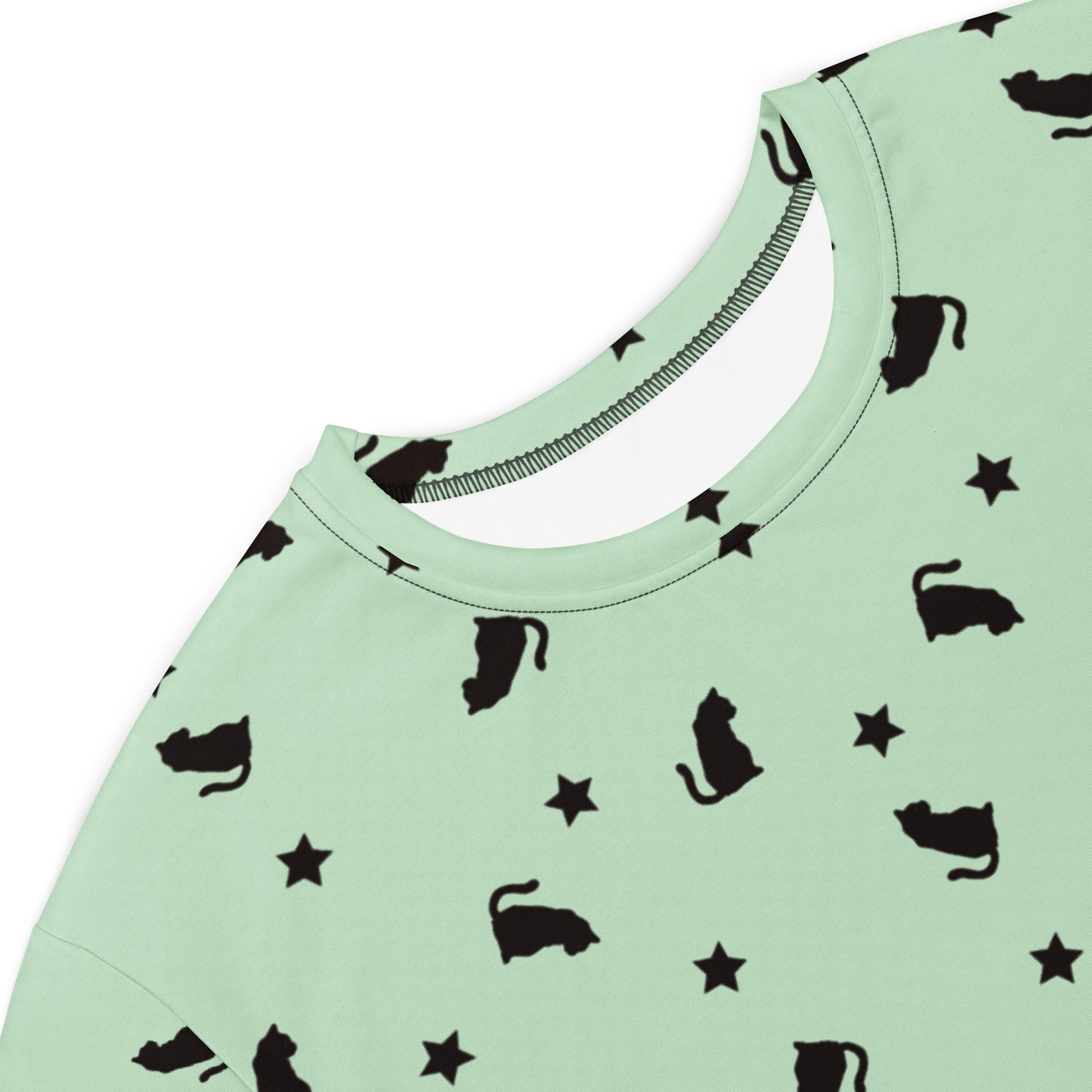 White T-shirt dress featuring all-over print of a quirky cat design from Eccentric Chemistry's Meowchanics collection.