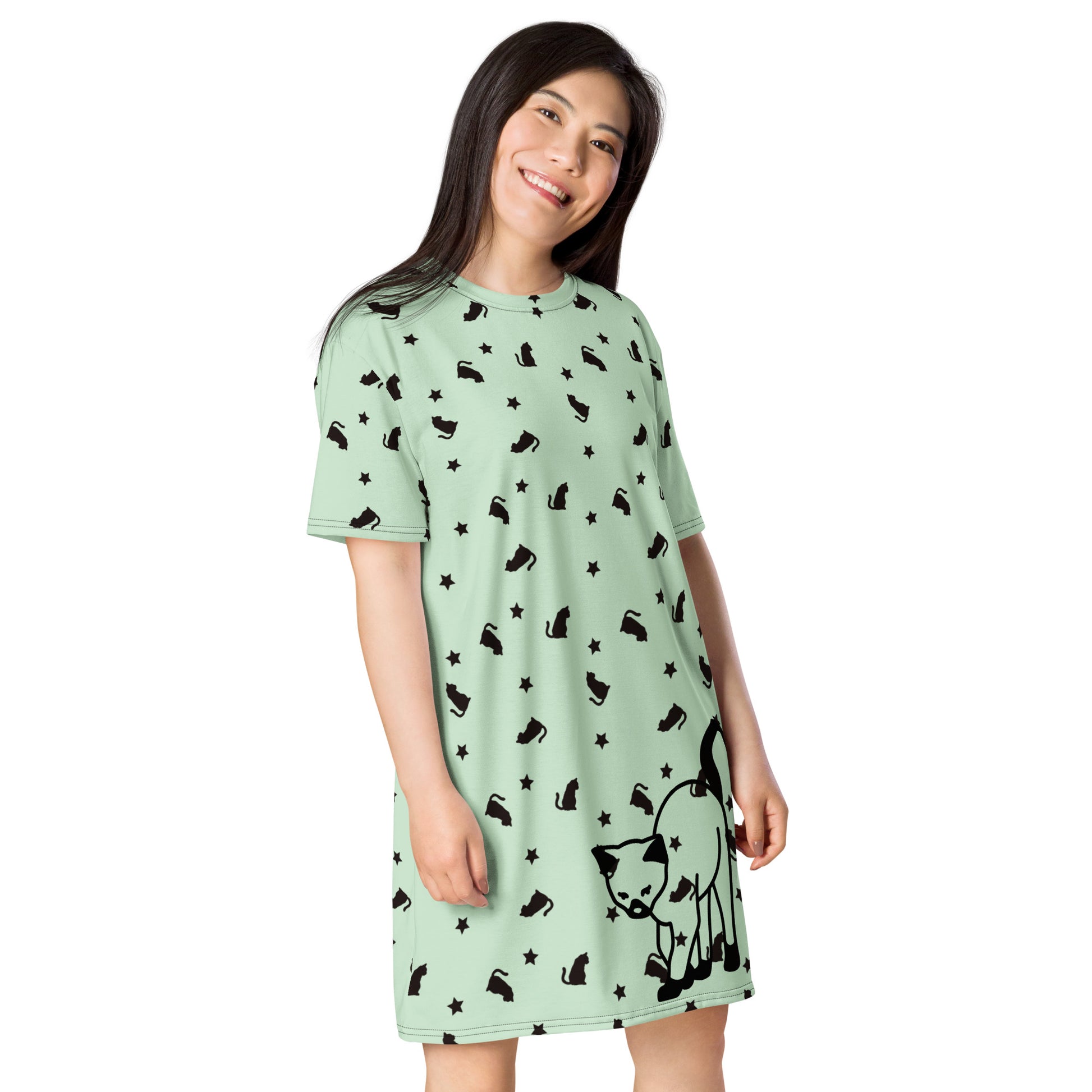 White T-shirt dress featuring an all-over print of a quirky cat design from Eccentric Chemistry's Meowchanics collection.