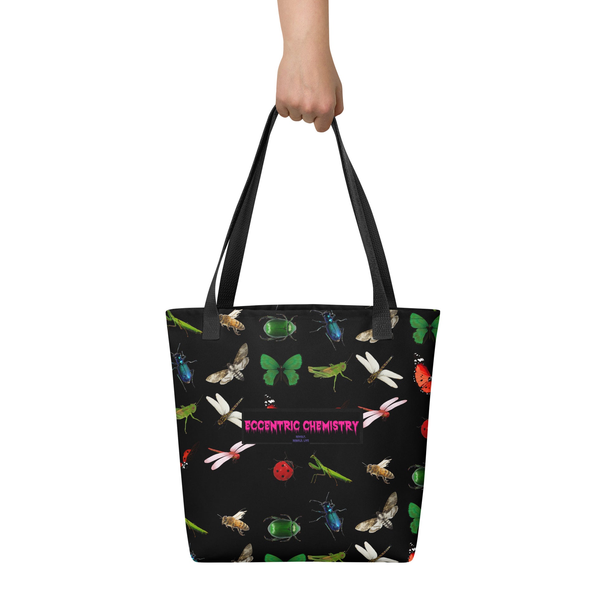Black tote bag featuring insect magic mode experiment print from Eccentric Chemistry's Tiny Shop of T-Shirt Horrors, all-over design.