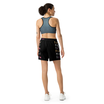 Unisex white athletic long shorts with all-over skull-themed print, featuring the Skull-Core Impact Reactor design by Eccentric Chemistry.