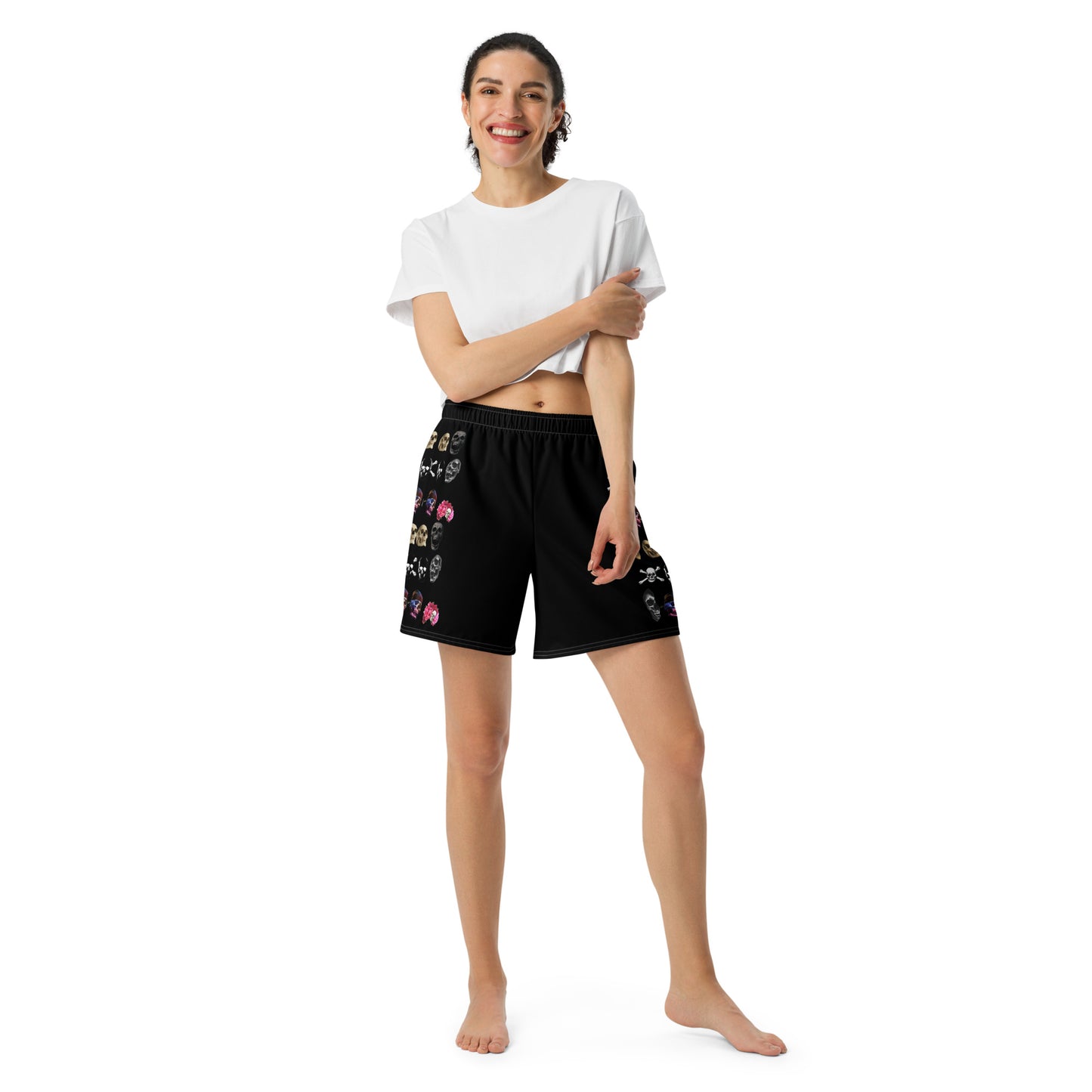 Unisex athletic long shorts with all-over skull and impact reactor print in white, designed for active wear by Eccentric Chemistry.