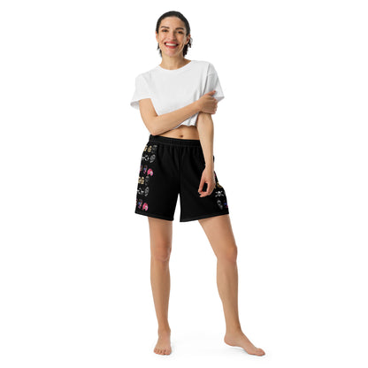 Unisex athletic long shorts with all-over skull and impact reactor print in white, designed for active wear by Eccentric Chemistry.