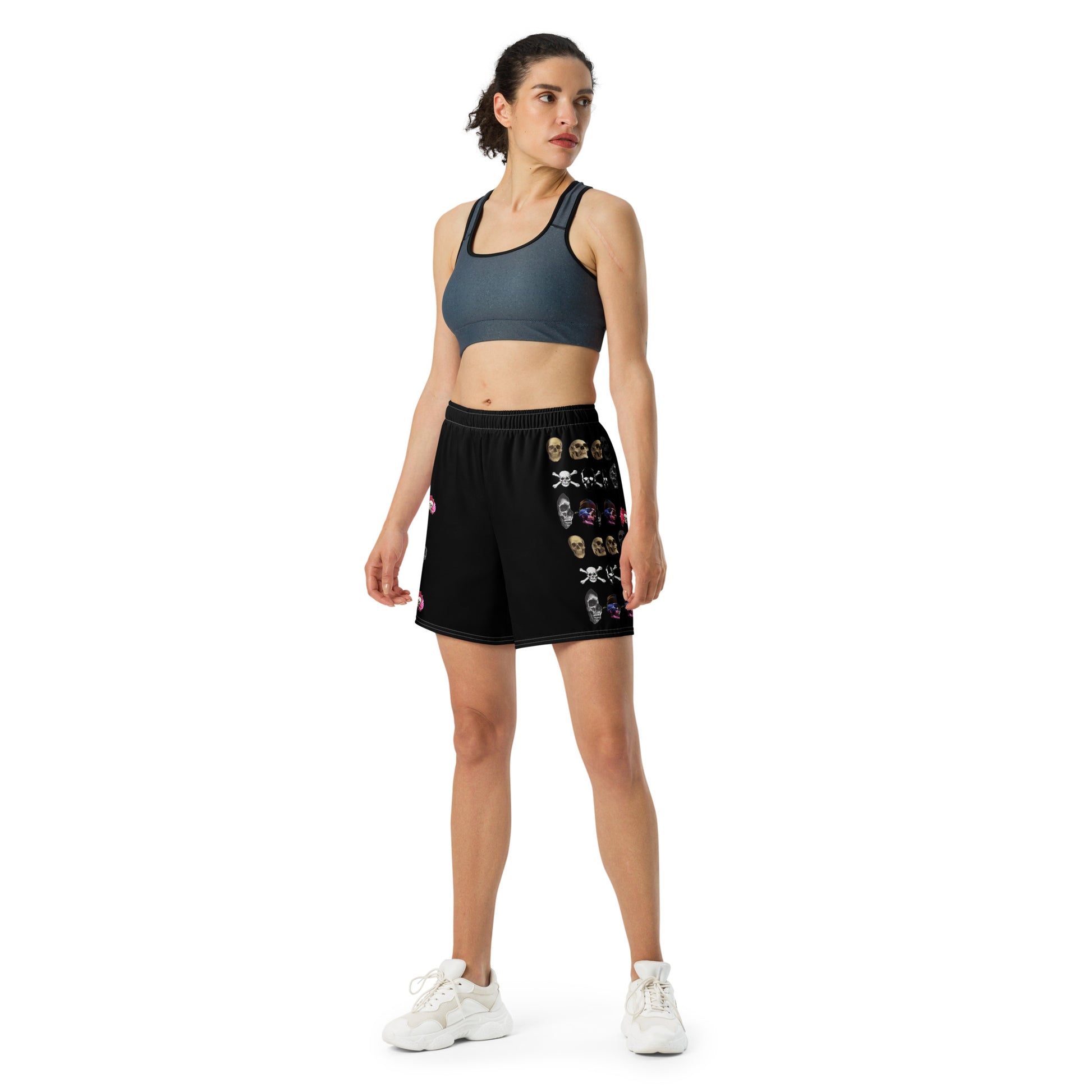Unisex athletic long shorts with all-over skull and impact reactor print in white, designed for active wear by Eccentric Chemistry.
