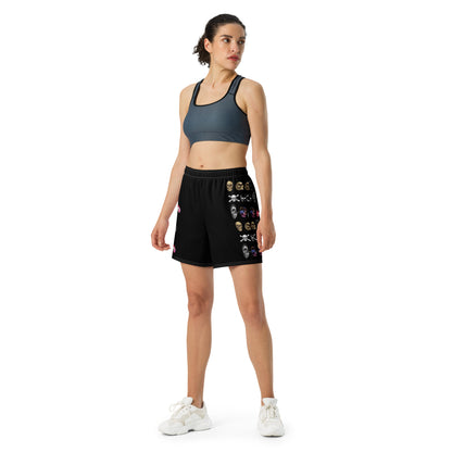 Unisex athletic long shorts with all-over skull and impact reactor print in white, designed for active wear by Eccentric Chemistry.