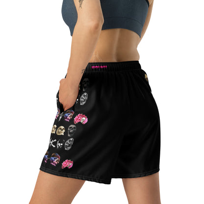 Unisex athletic long shorts with white all-over print featuring skull and impact reactor design by Eccentric Chemistry.