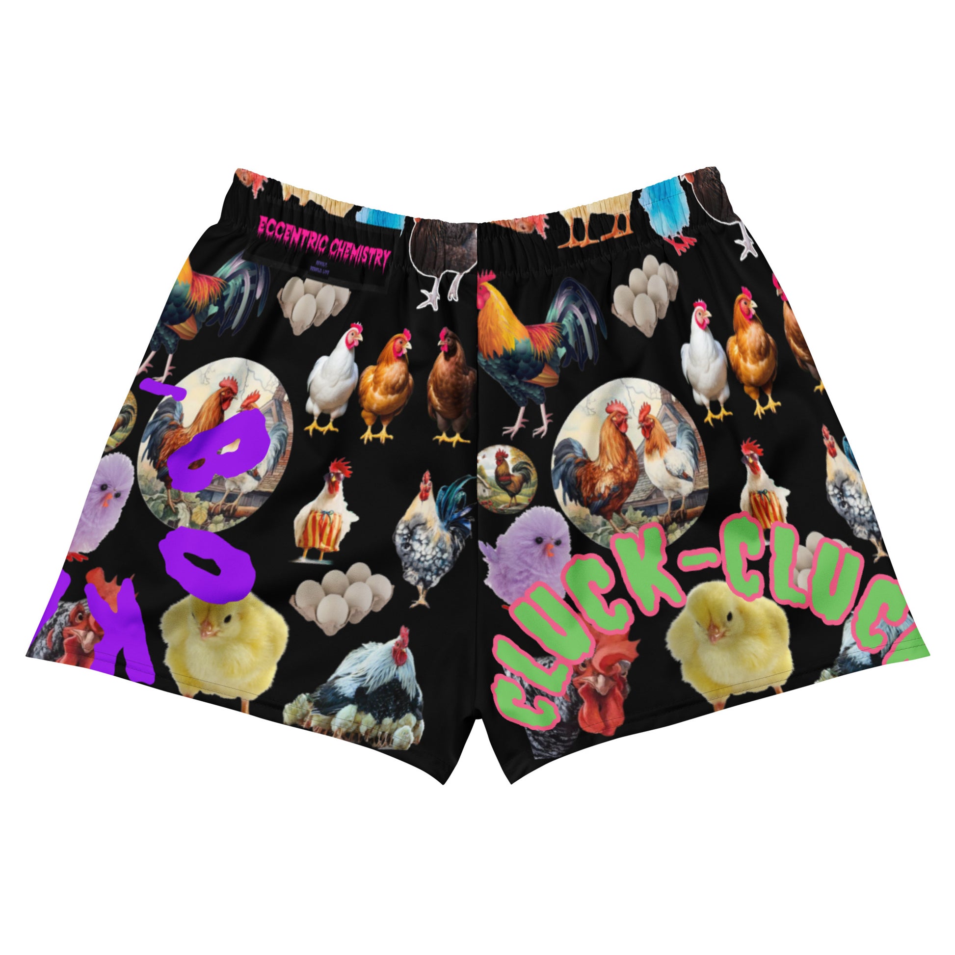 Unisex athletic shorts with all-over flocked print featuring a motion reactor experiment design in white, by Eccentric Chemistry.