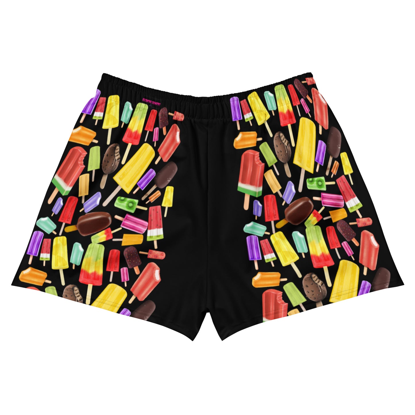 Unisex athletic shorts with all-over colorful popsicle print from Eccentric Chemistry's Laboratory of Strange & Stylish Things.