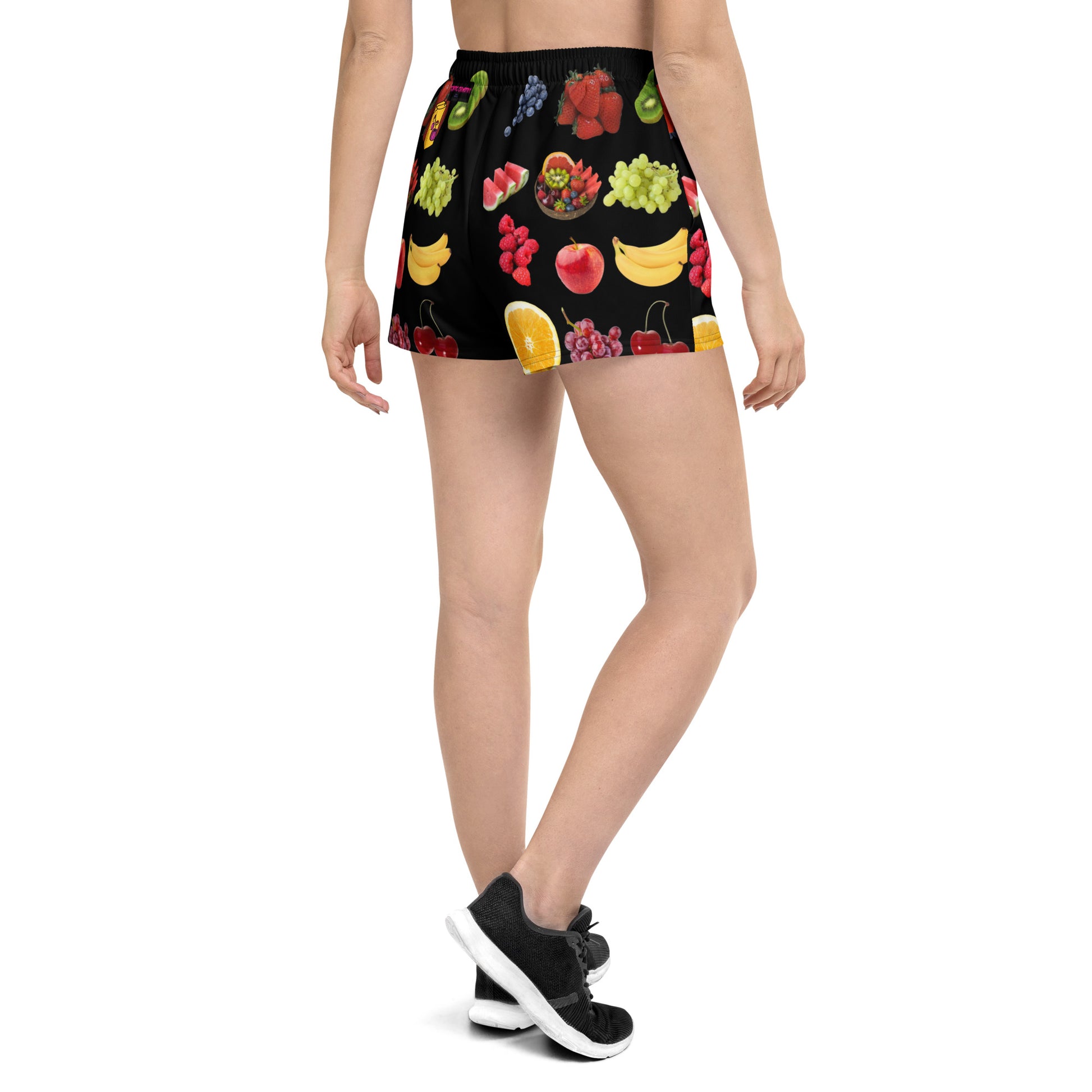 Unisex athletic shorts with vibrant Juicy Fruit Fusion all-over print, white background, by Eccentric Chemistry's Tiny Shop of T-Shirt Horrors.
