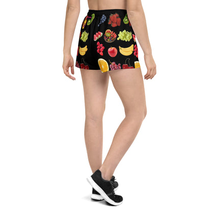 Unisex athletic shorts with vibrant Juicy Fruit Fusion all-over print, white background, by Eccentric Chemistry's Tiny Shop of T-Shirt Horrors.