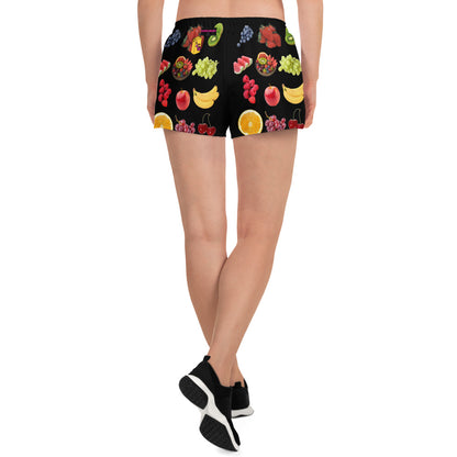 All-over print unisex athletic shorts featuring a vibrant Juicy Fruit Fusion design on a white background.
