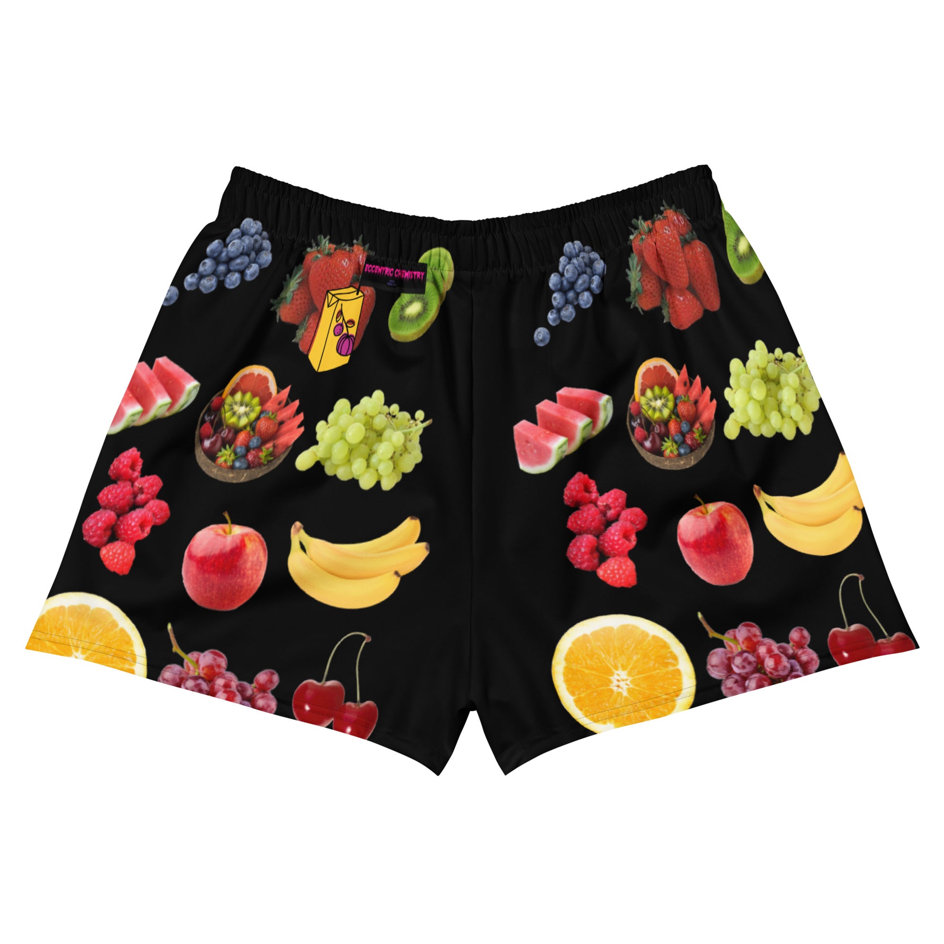 Unisex athletic shorts with a vibrant Juicy Fruit Fusion print, white background, designed by Eccentric Chemistry's Tiny Shop of T-Shirt Horrors.