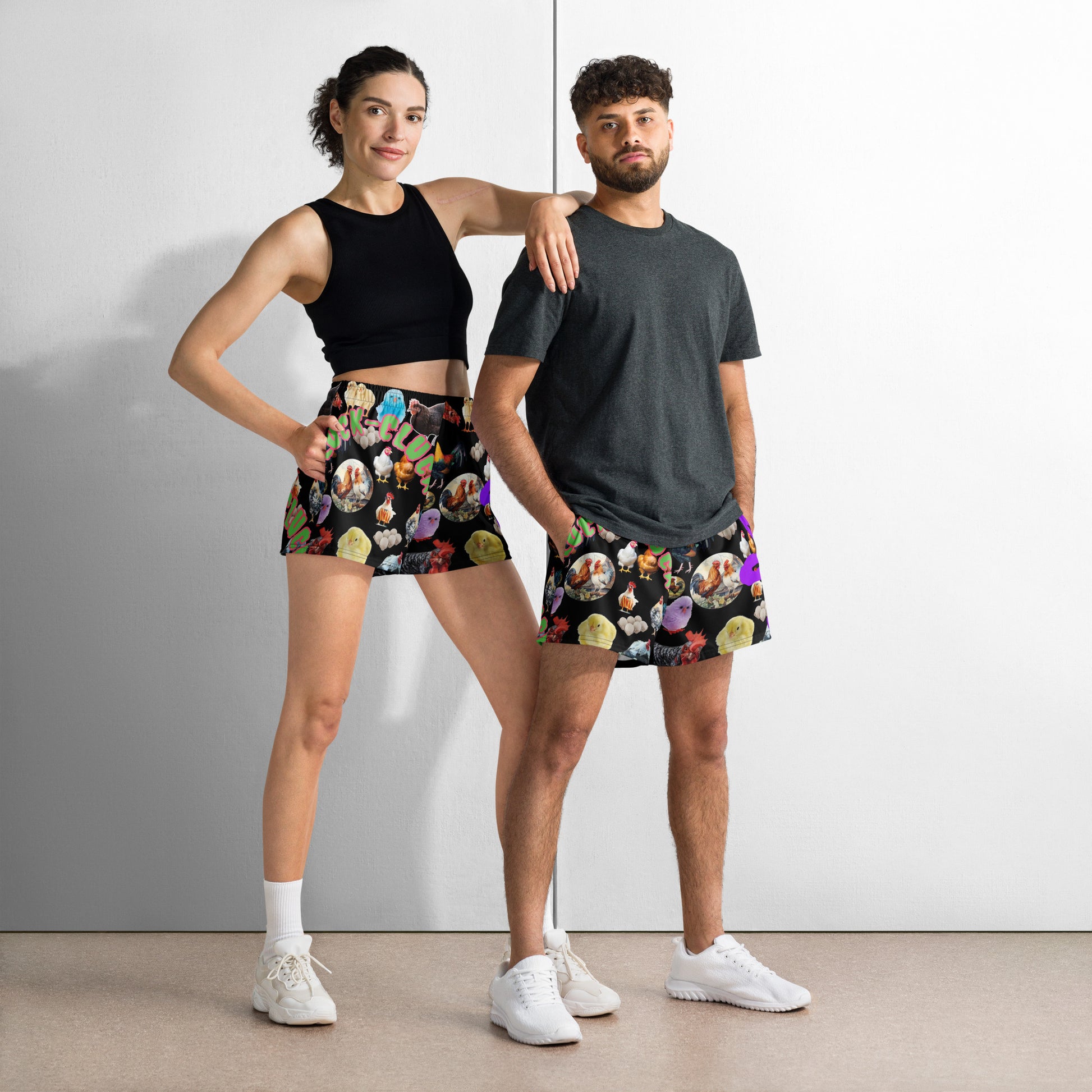 All-over white unisex athletic shorts with flock‑field motion reactor experiment print from Eccentric Chemistry's Tiny Shop of T-Shirt Horrors.