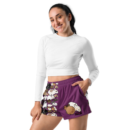 Unisex athletic shorts with all-over bunny snuggle print, white color, from Eccentric Chemistry's Laboratory of Strange & Stylish Things.