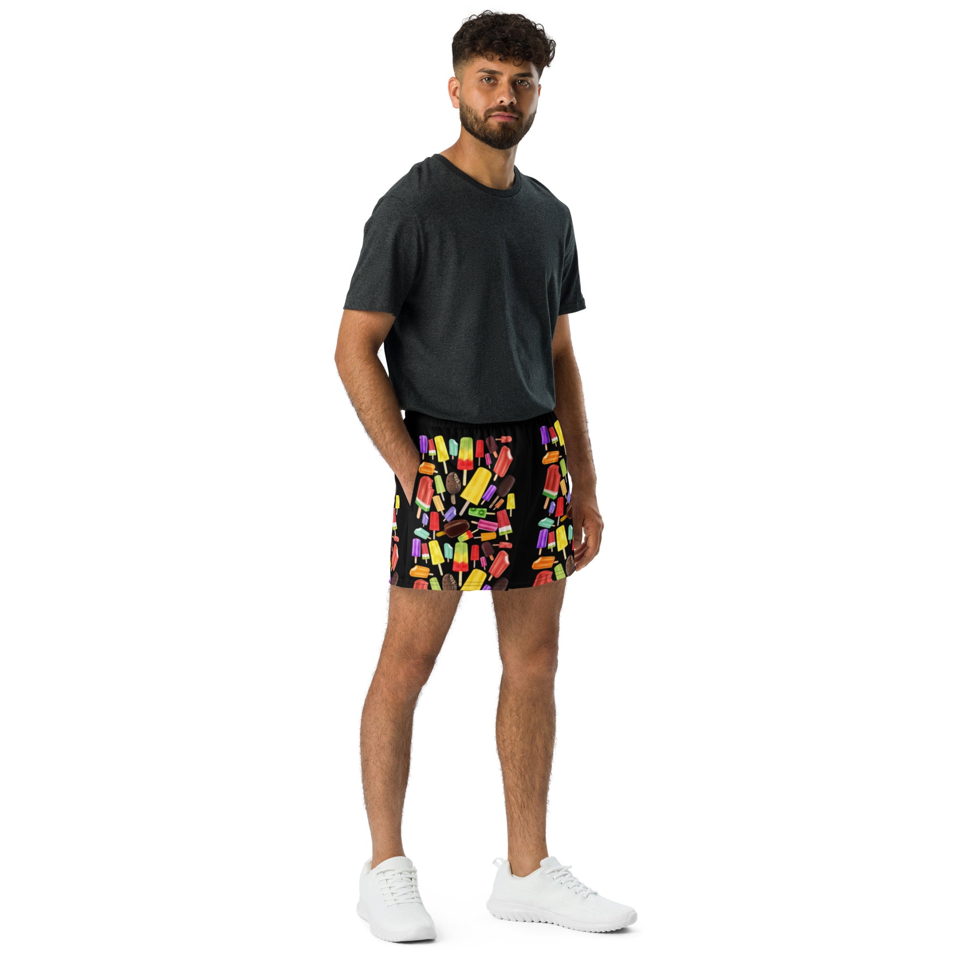 Unisex athletic shorts with all-over popsicle print from Eccentric Chemistry’s Laboratory of Strange & Stylish Things, white front view