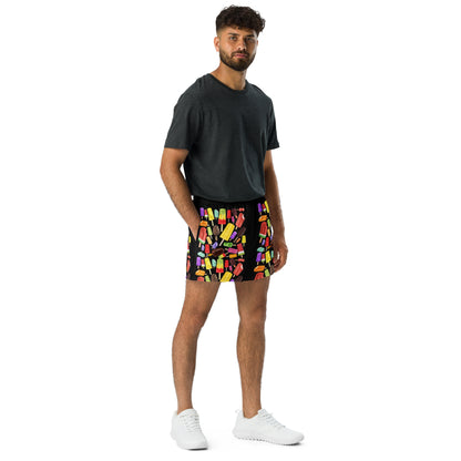 Unisex athletic shorts with all-over popsicle print from Eccentric Chemistry’s Laboratory of Strange & Stylish Things, white front view