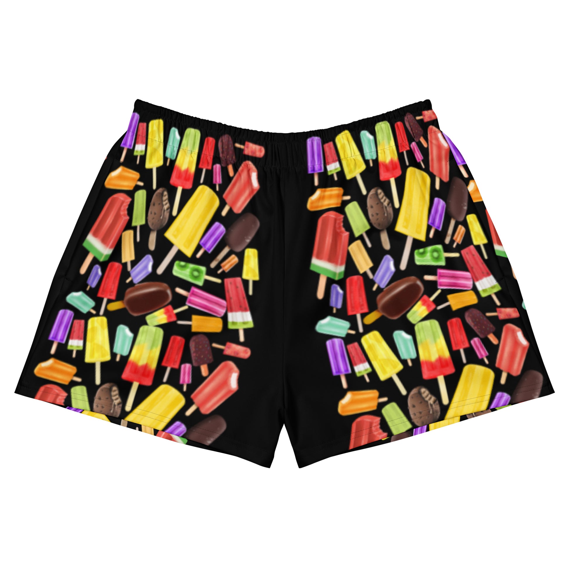 Unisex athletic shorts with all-over popsicle print by Eccentric Chemistry, featuring a stylish, vibrant design on white fabric.
